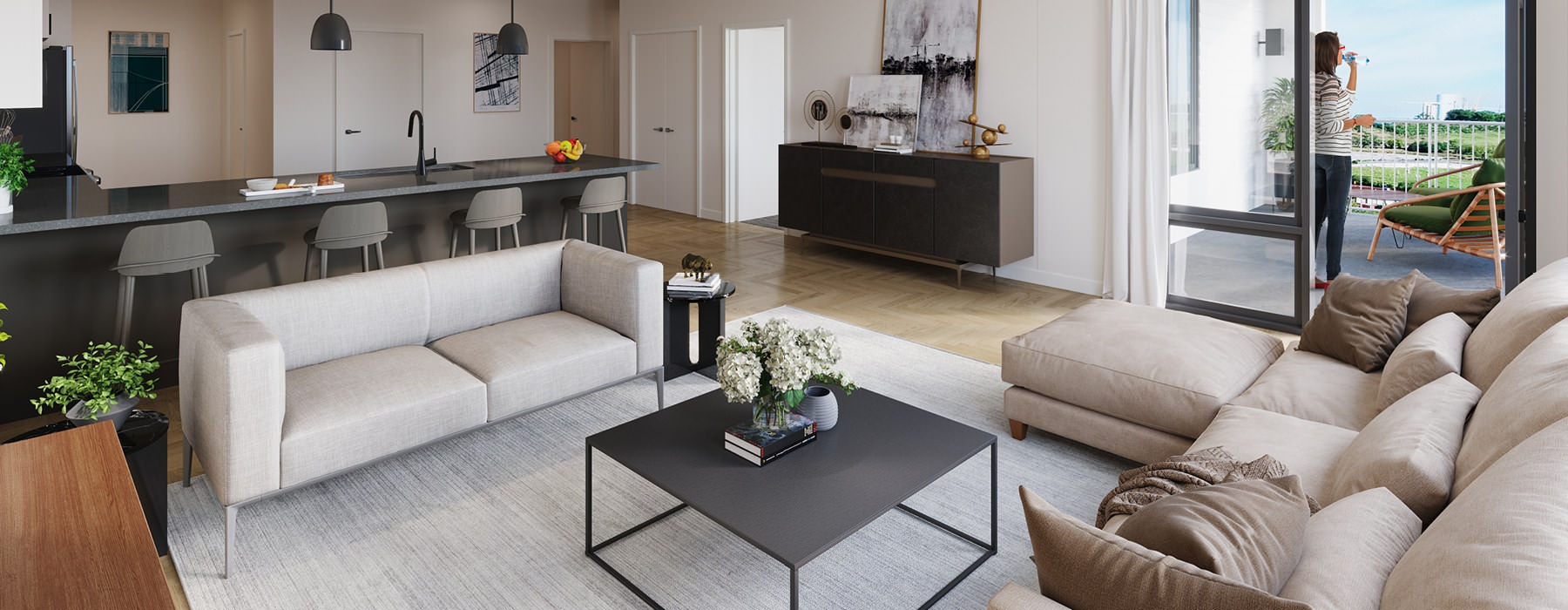 spacious, open concept living room with access to private balcony